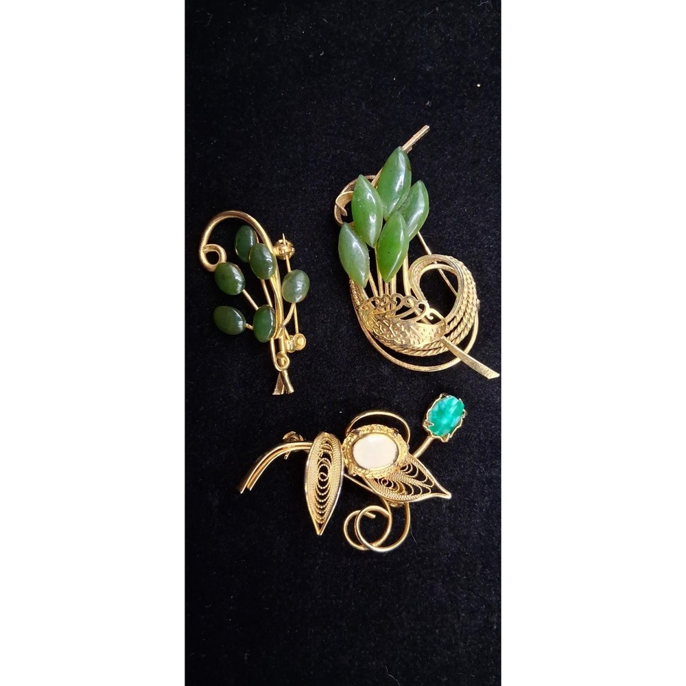 Vintage Jade Filigree Broochs Lot of 3 Gold Tone &Green